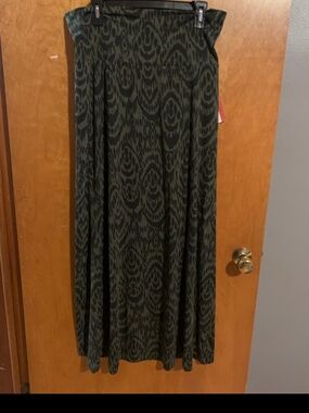 Olive Green Patterned Maxi Skirt - Women's Flowing A-Line